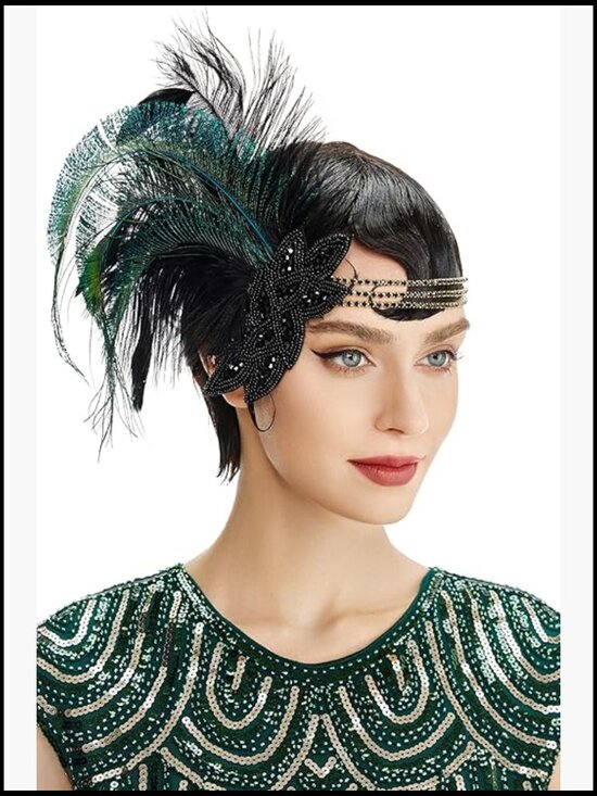 Flapper Headband Roaring 20s Gatsby Feather Rhinestone Art Deco Headpiece